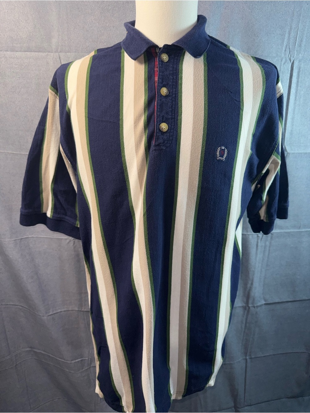 1519-Vintage Siegfried Navy Striped Polo with Green & White Accents